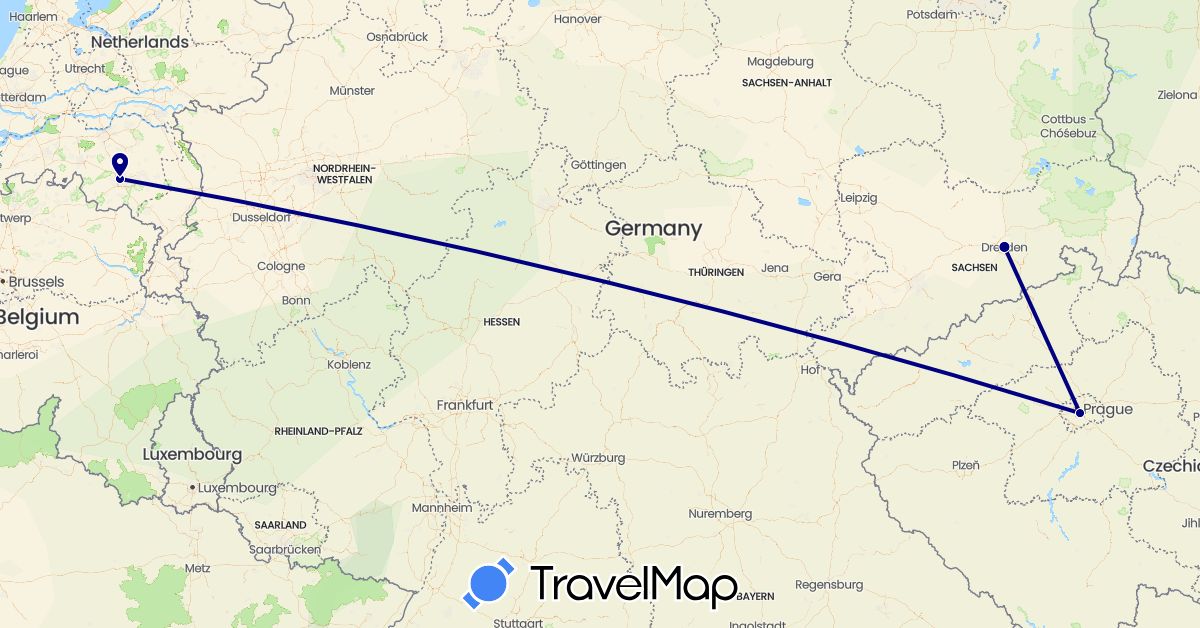 TravelMap itinerary: driving in Czech Republic, Germany, Netherlands (Europe)
